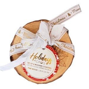Pine Wood Log Slice Christmas Coaster Set